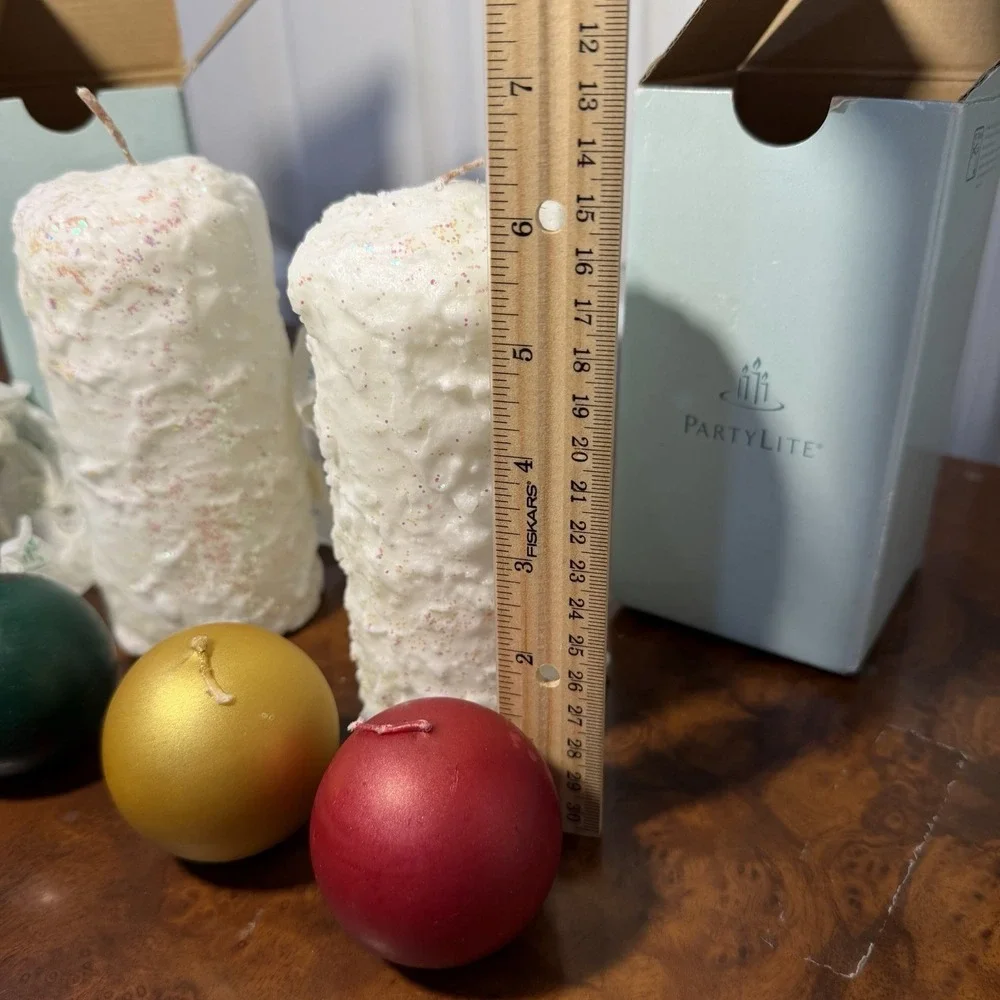 PartyLite Glitter Pillar Candles White 3 x 6 Round Textured Lot-2 & Ball Candles